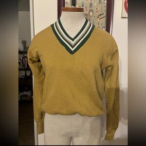 VINTAGE: Collegiate Stripe V-Neck 100% COTTON Sweatshirt *SZ. S/M (YELLOW-GREEN)